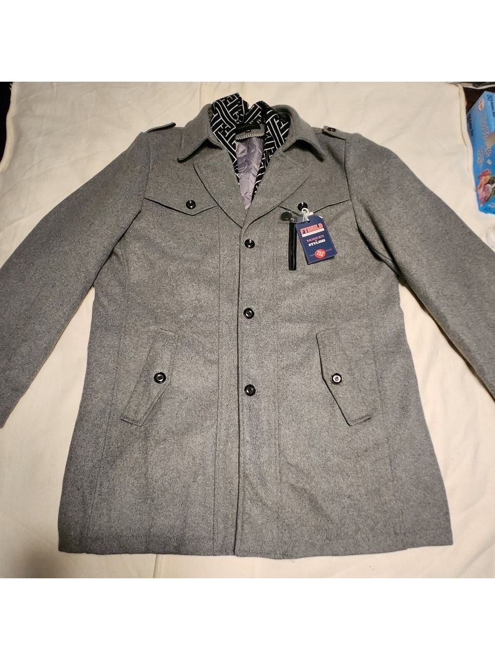 Amazon Wool Blend Detachable Scarf Mens Collar Trench Pea Coat Grey 2X-Large - Picture 3 of 8